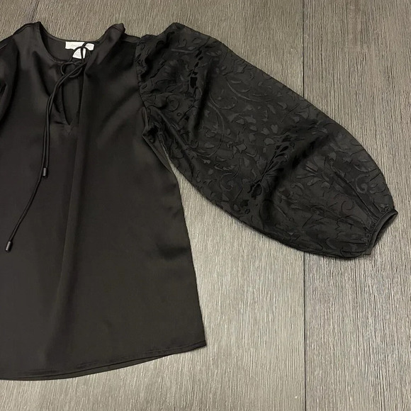 Calligraphie‎ Black Tie Front Tunic Balloon Burnout Velvet Sheer Sleeve Size XS - Picture 4 of 12